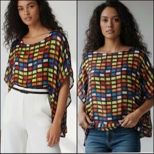 Vintage Silk 100% Technicolor Geometric Multicolor Semi Sheer Top Medium